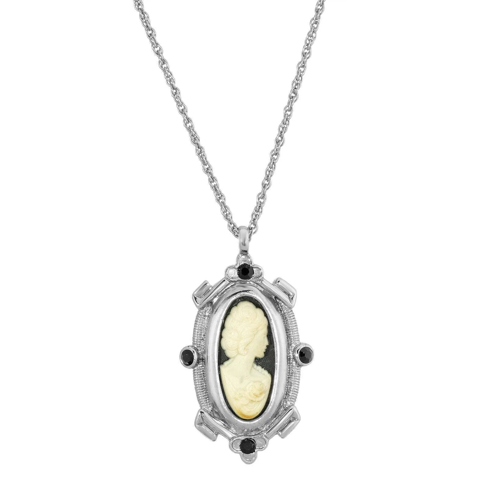 1928 Jewelry Oval Matte Black & Ivory Cameo Crystal Pendant Necklace 18"