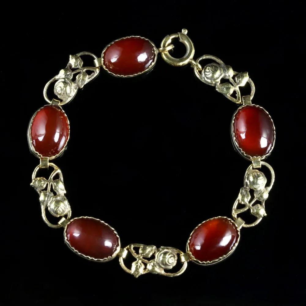 Antique Art Deco Carnelian Lozenge 18Ct Silver Bracelet Circa 1930