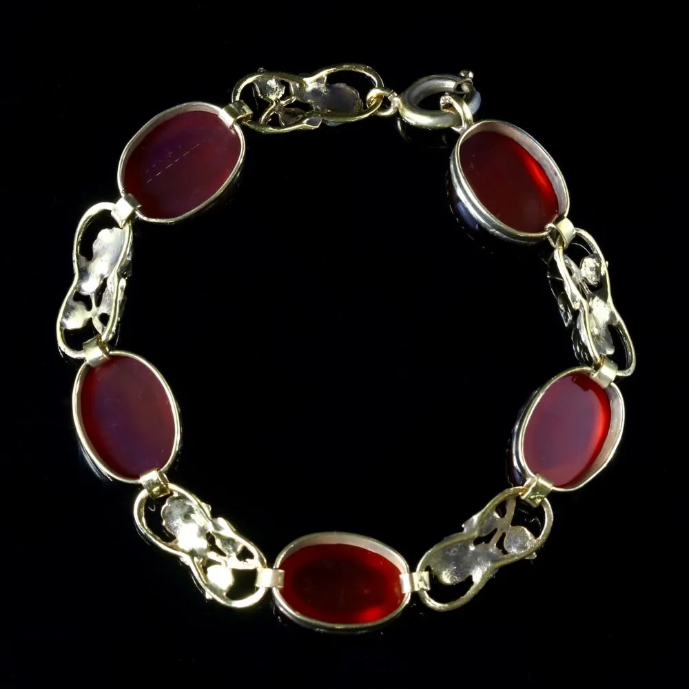 Antique Art Deco Carnelian Lozenge 18Ct Silver Bracelet Circa 1930