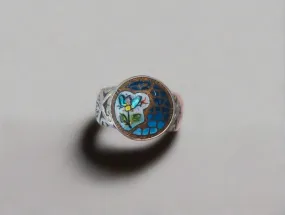 Antique Button Ring, Blue Metal with Flower