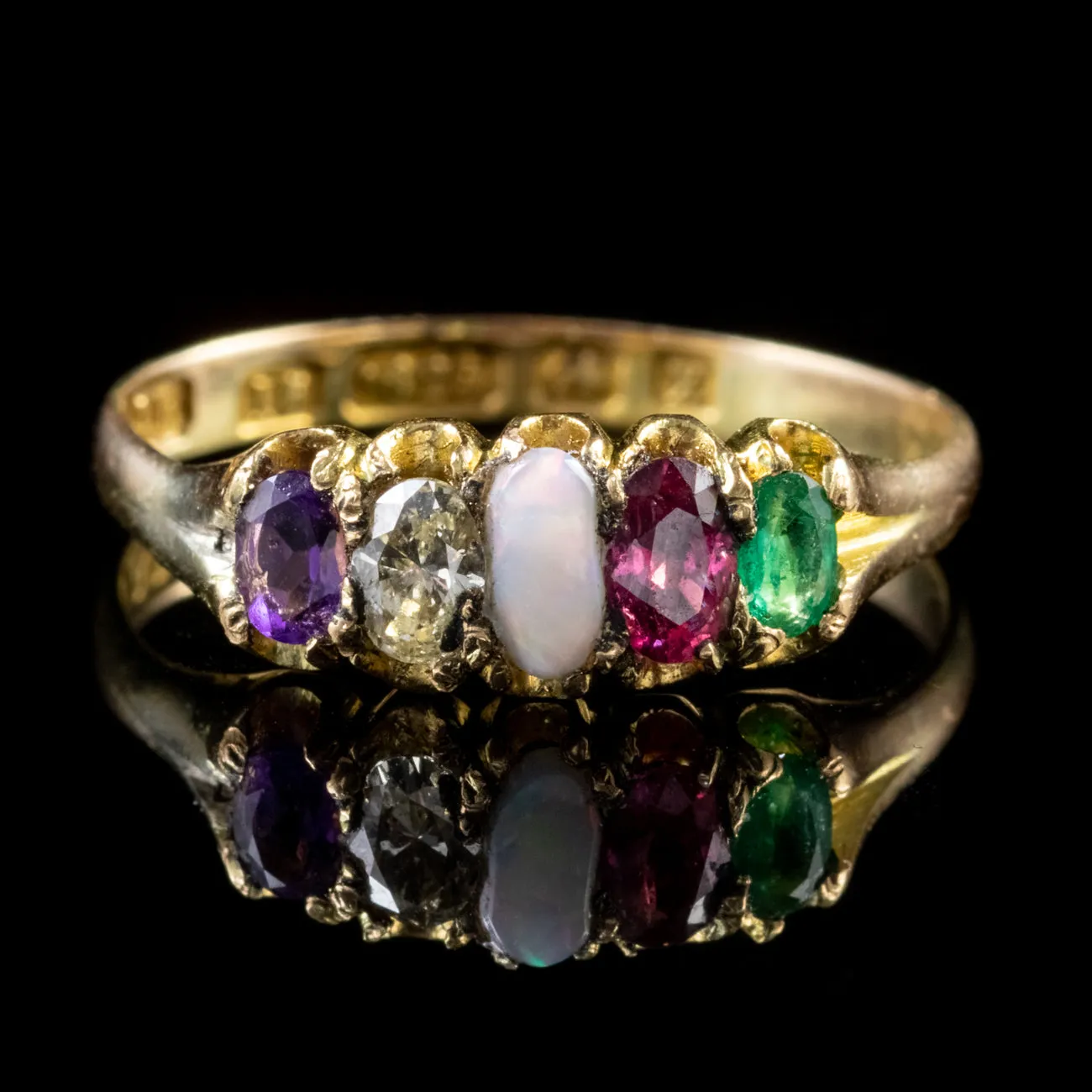 Antique Victorian Adore Ring Amethyst Diamond Opal 15Ct Gold Dated 1872