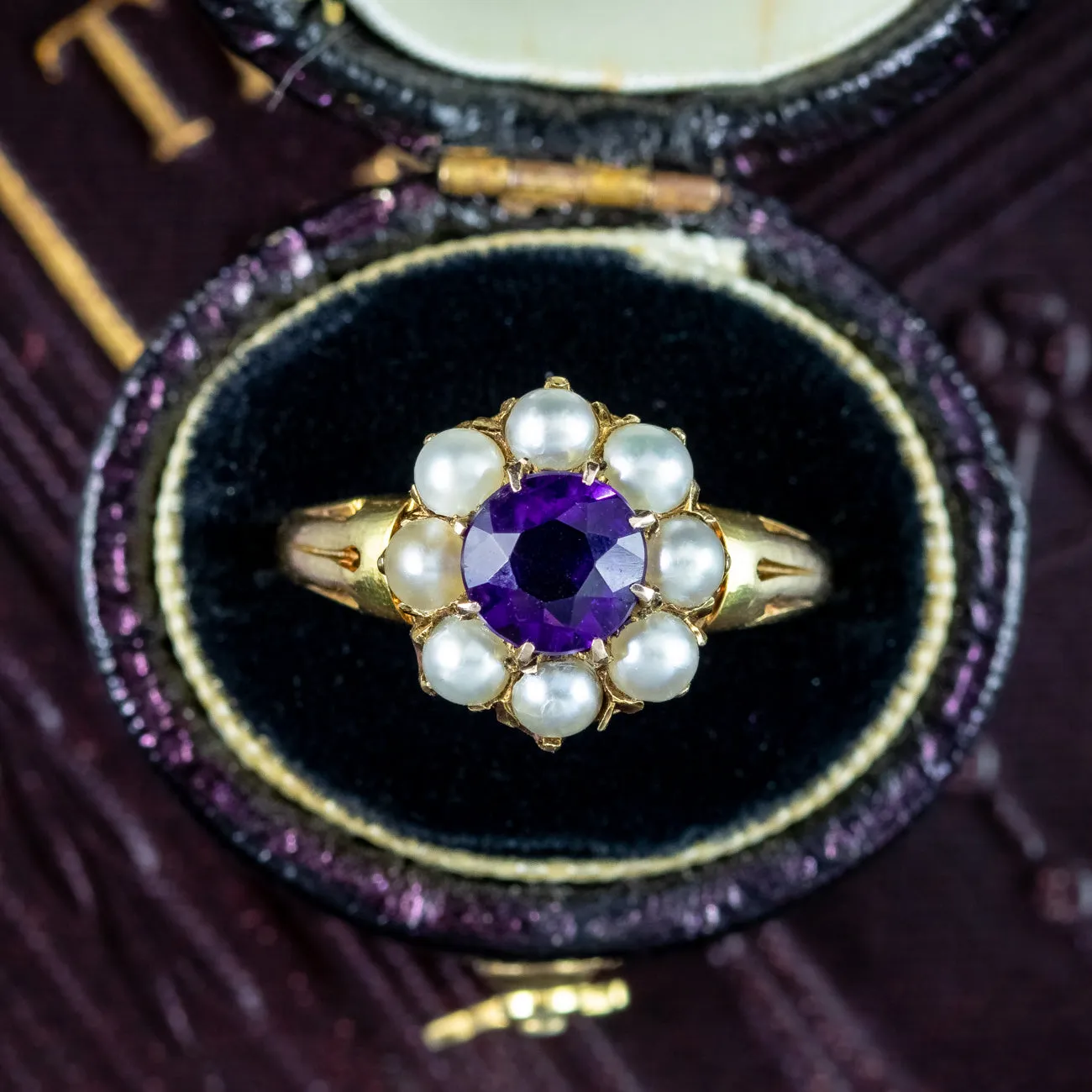 Antique Victorian Amethyst Pearl Cluster Ring 1.2ct Amethyst