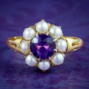 Antique Victorian Amethyst Pearl Cluster Ring 1.2ct Amethyst