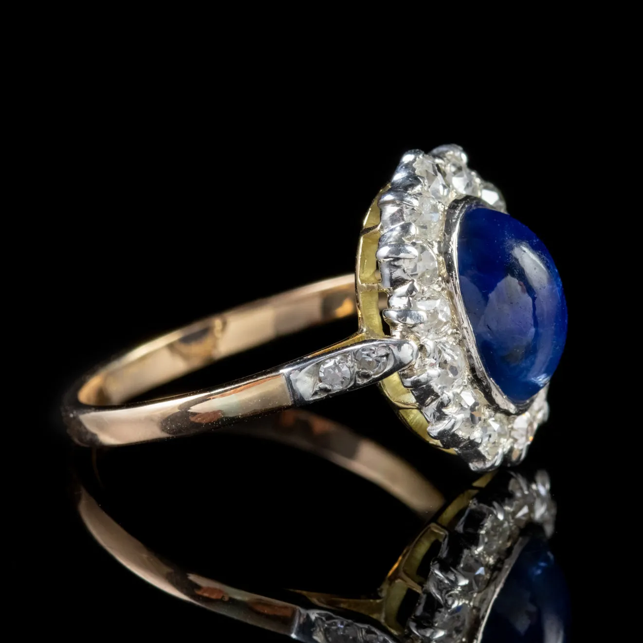 Antique Victorian Cabochon Sapphire Diamond Ring 18Ct Gold Circa 1880