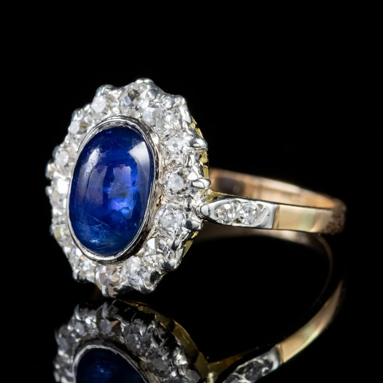 Antique Victorian Cabochon Sapphire Diamond Ring 18Ct Gold Circa 1880