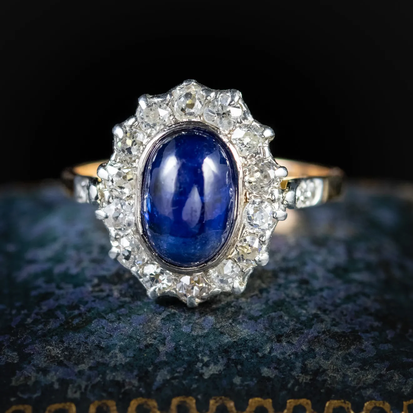 Antique Victorian Cabochon Sapphire Diamond Ring 18Ct Gold Circa 1880