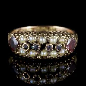 Antique Victorian Cluster Ring Garnet Pearl 15Ct Gold Circa 1900