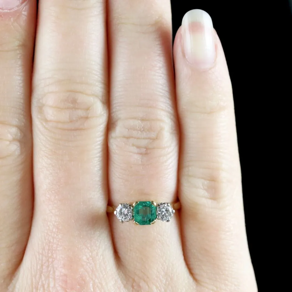 Antique Victorian Emerald Ring Diamond Trilogy Ring Circa 1900