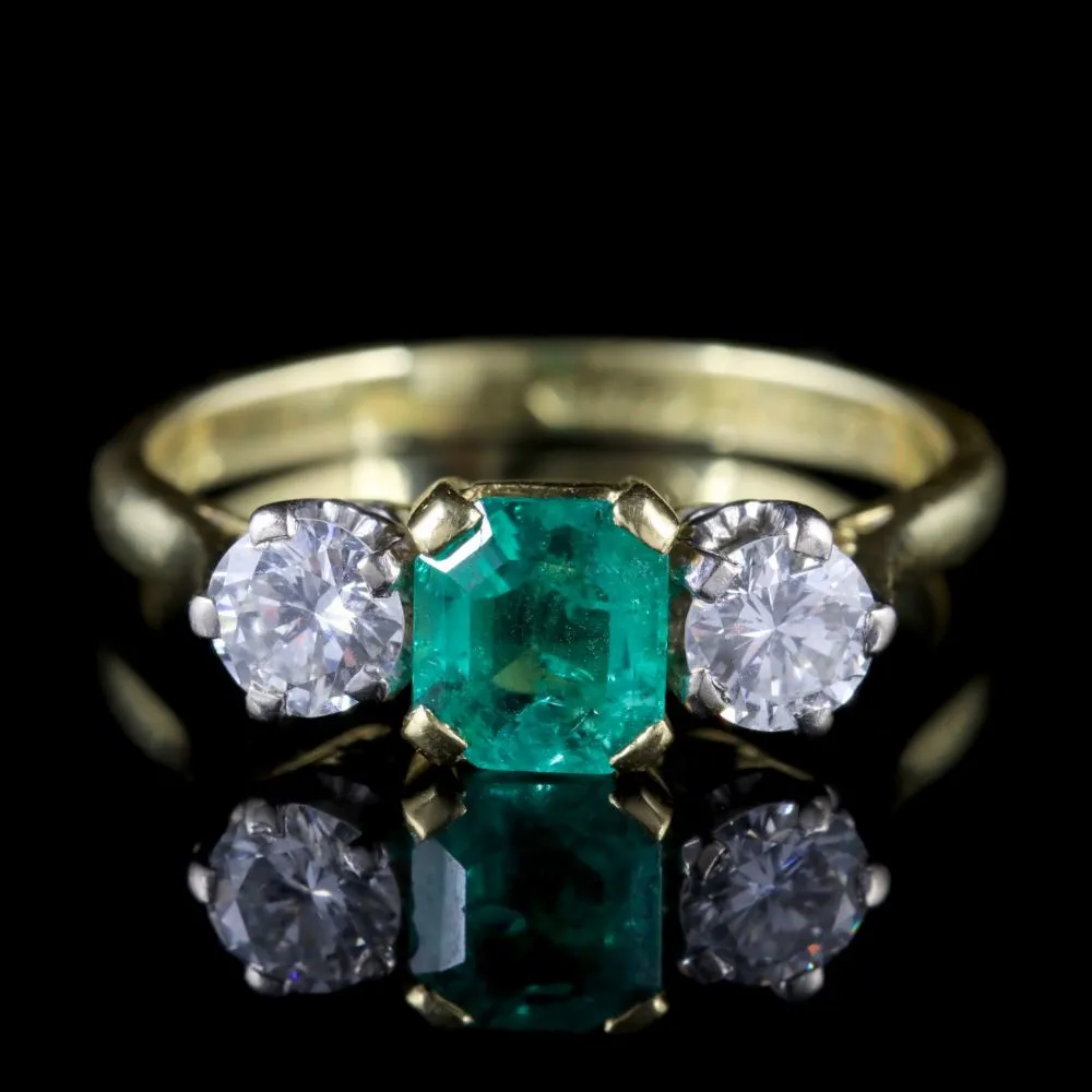 Antique Victorian Emerald Ring Diamond Trilogy Ring Circa 1900