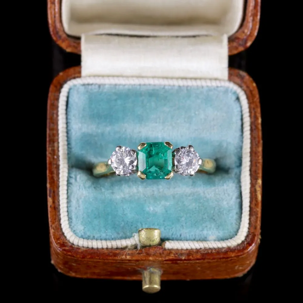 Antique Victorian Emerald Ring Diamond Trilogy Ring Circa 1900