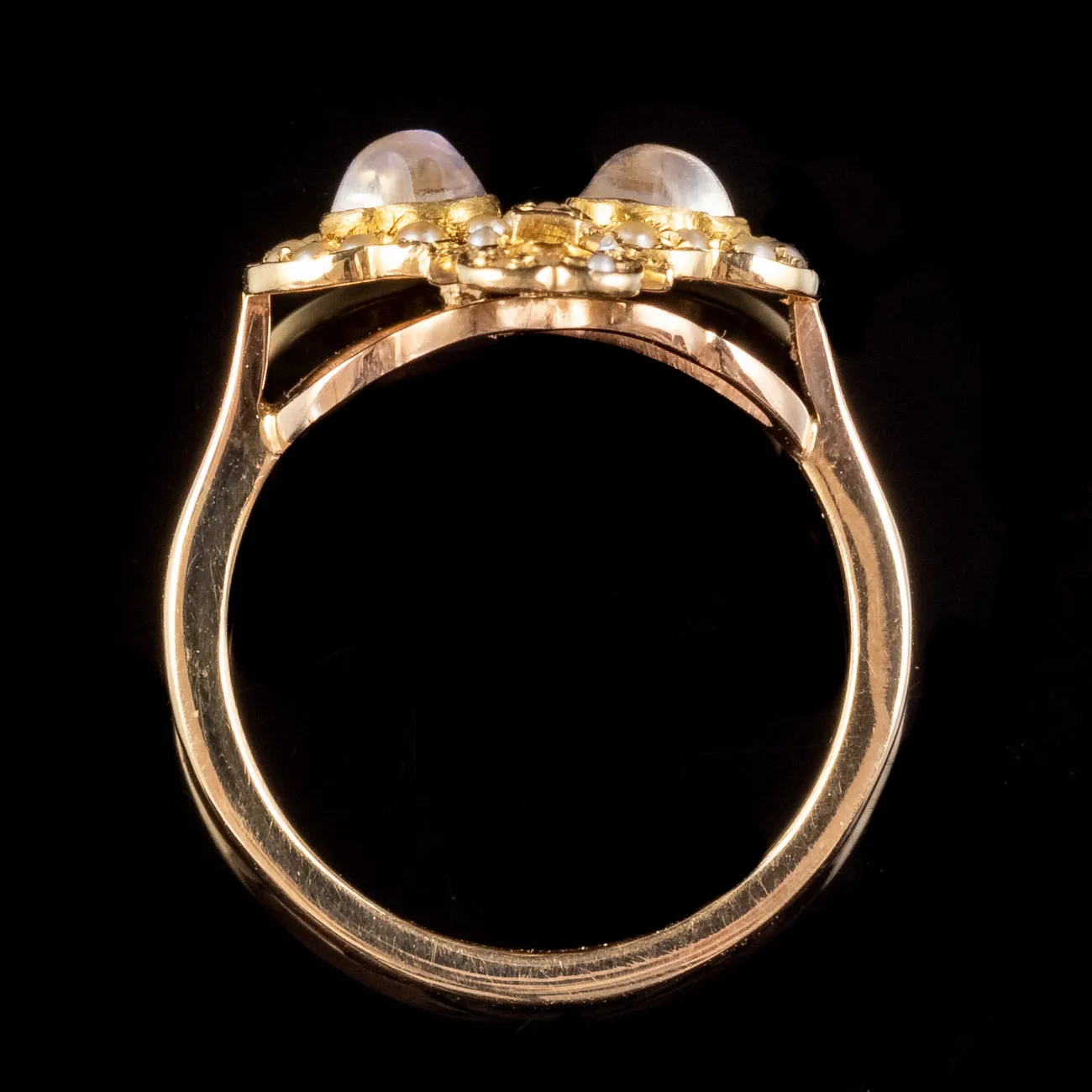 Antique Victorian Moonstone Pearl Double Lovers Heart Ring 9ct Gold