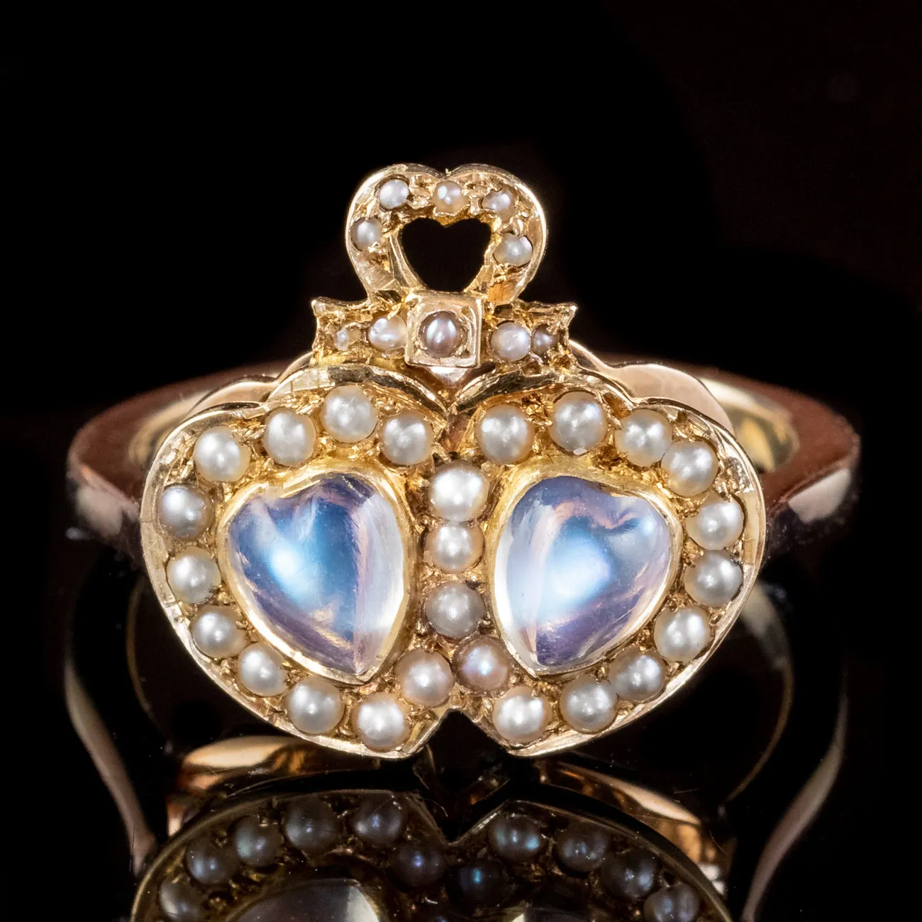 Antique Victorian Moonstone Pearl Double Lovers Heart Ring 9ct Gold