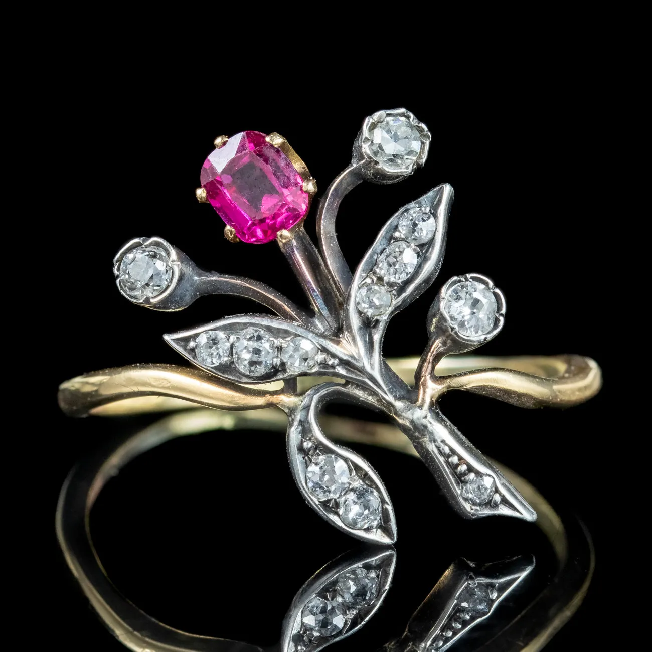 Antique Victorian Ruby Diamond Spray Flower Ring 0.30ct Ruby