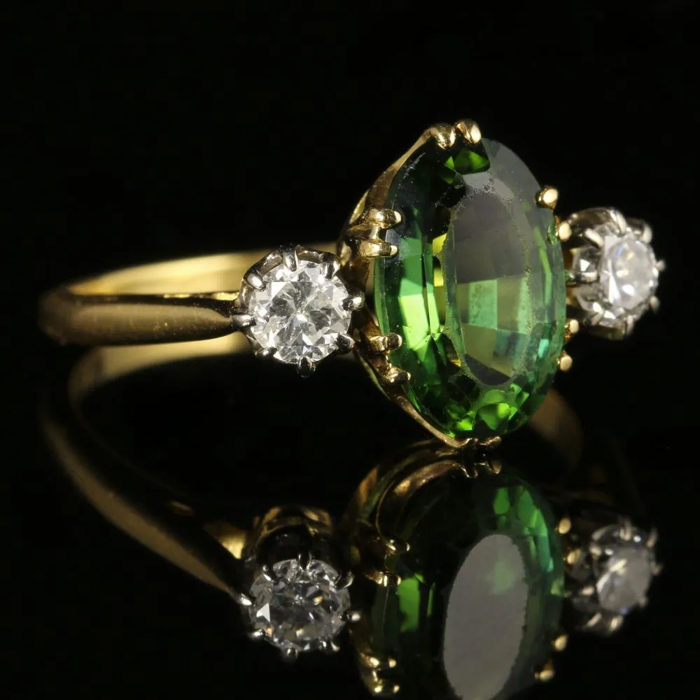 Antique Victorian Tourmaline Diamond Ring 18Ct Gold