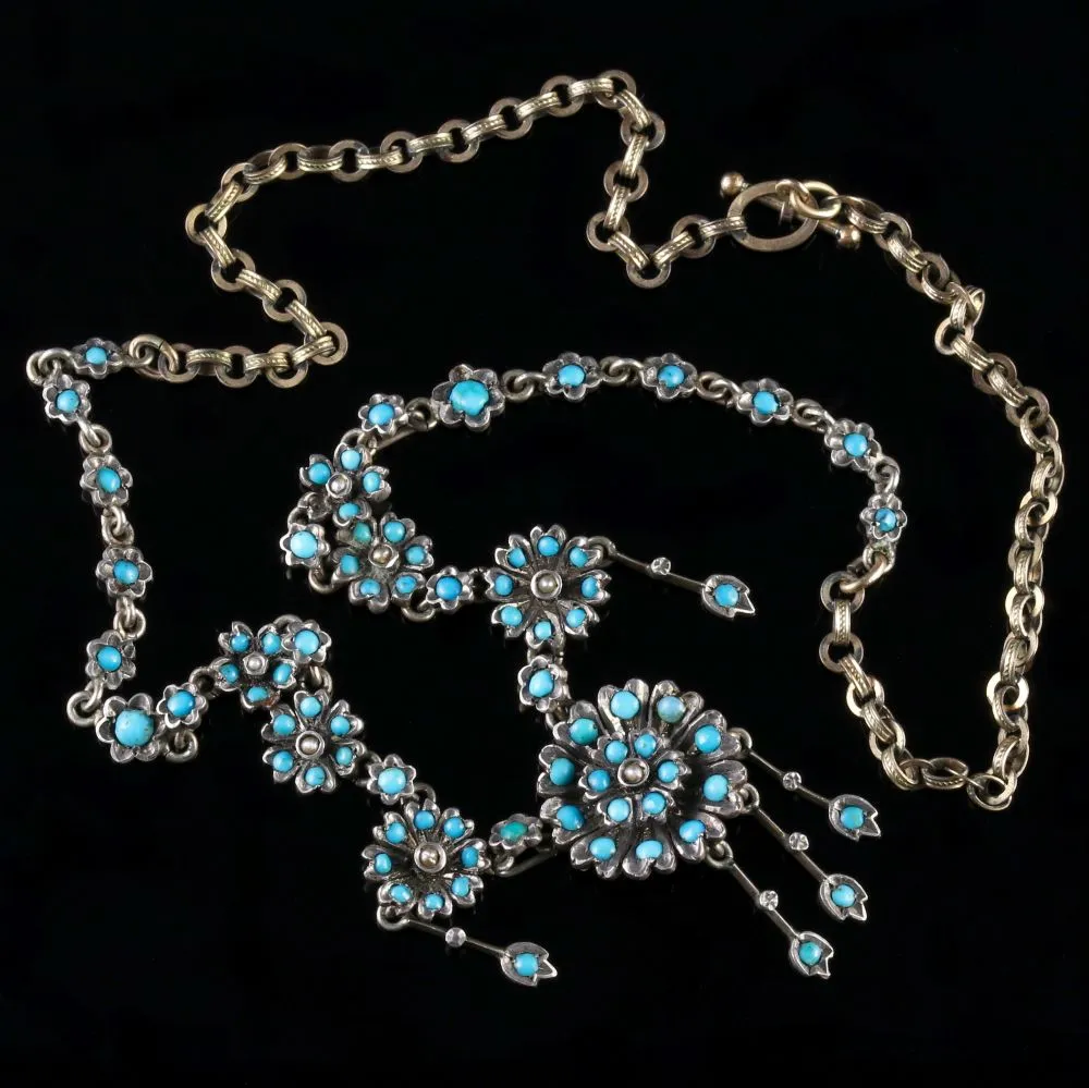 Antique Victorian Turquoise Necklace Forget Me Not Circa 1880