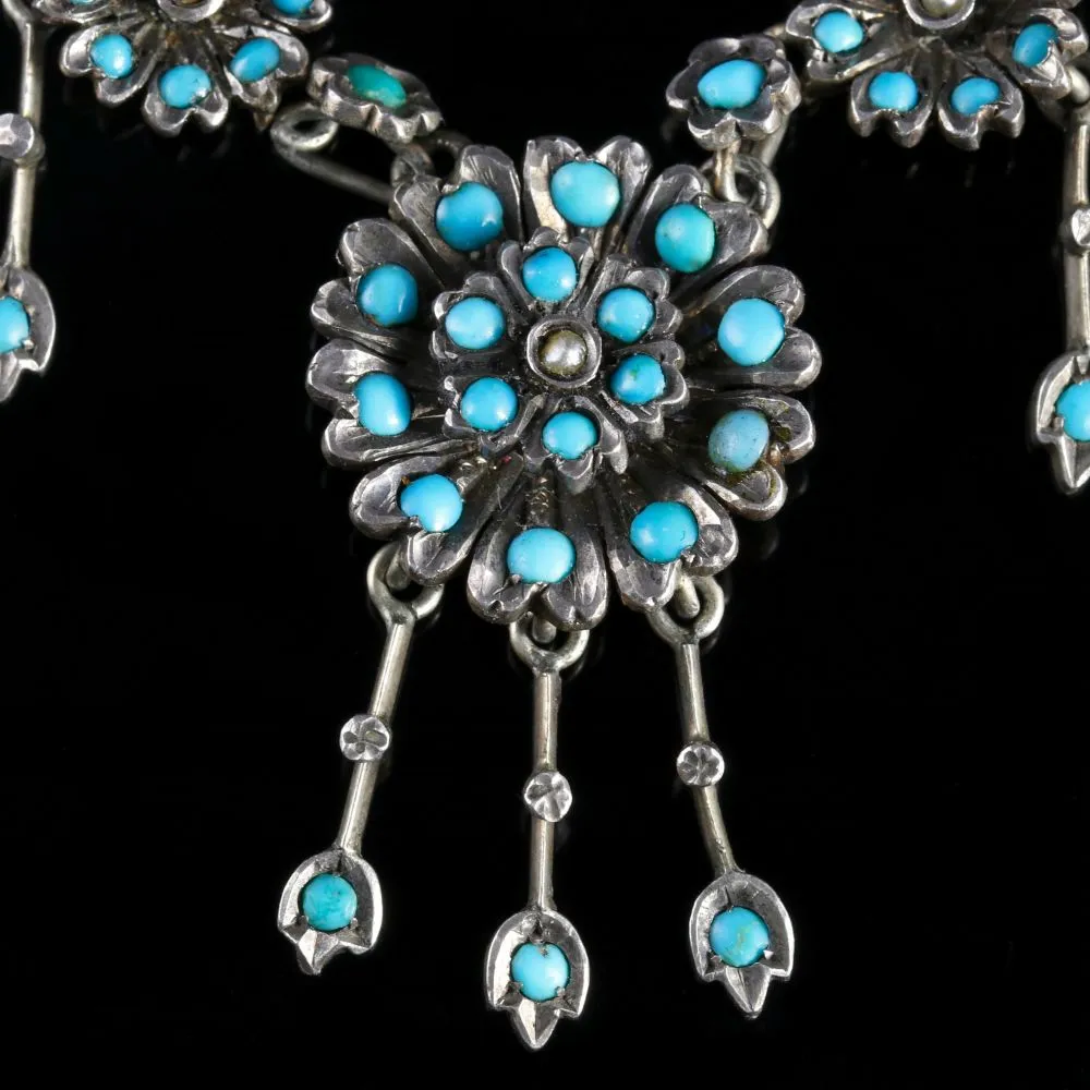 Antique Victorian Turquoise Necklace Forget Me Not Circa 1880