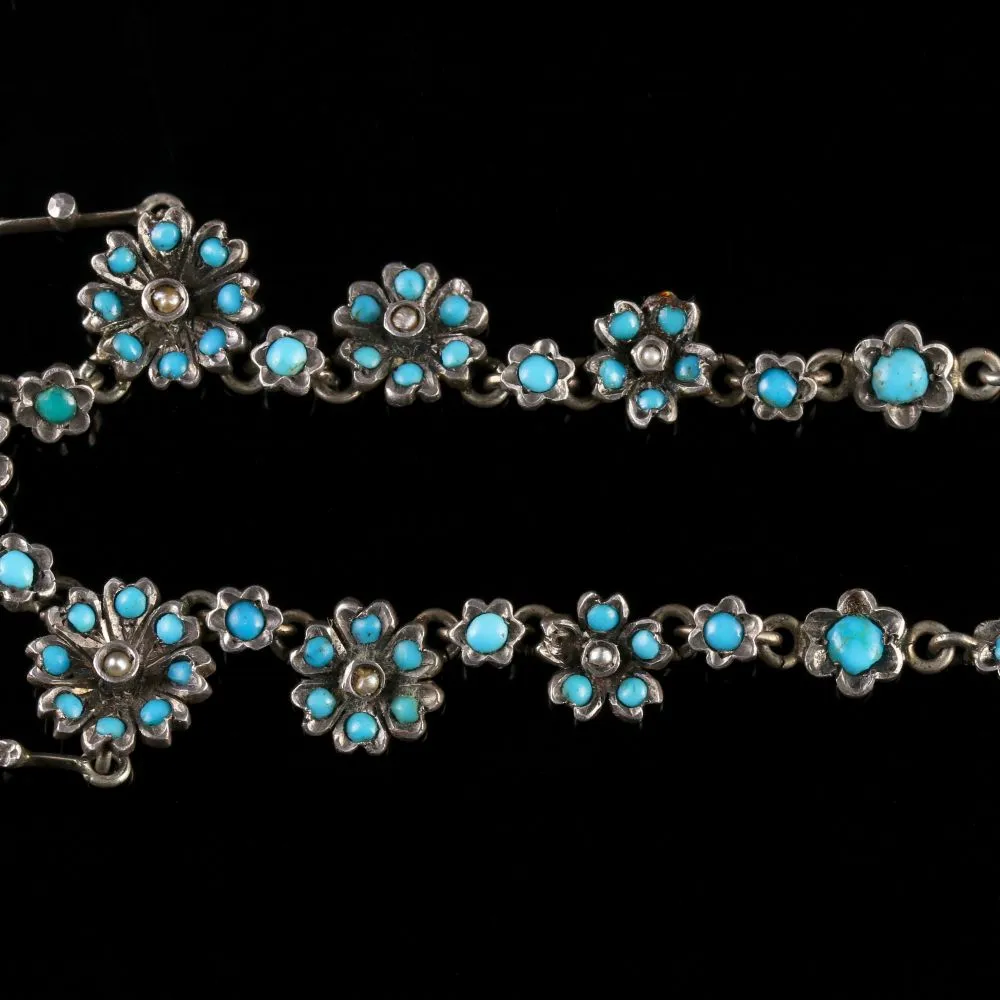 Antique Victorian Turquoise Necklace Forget Me Not Circa 1880