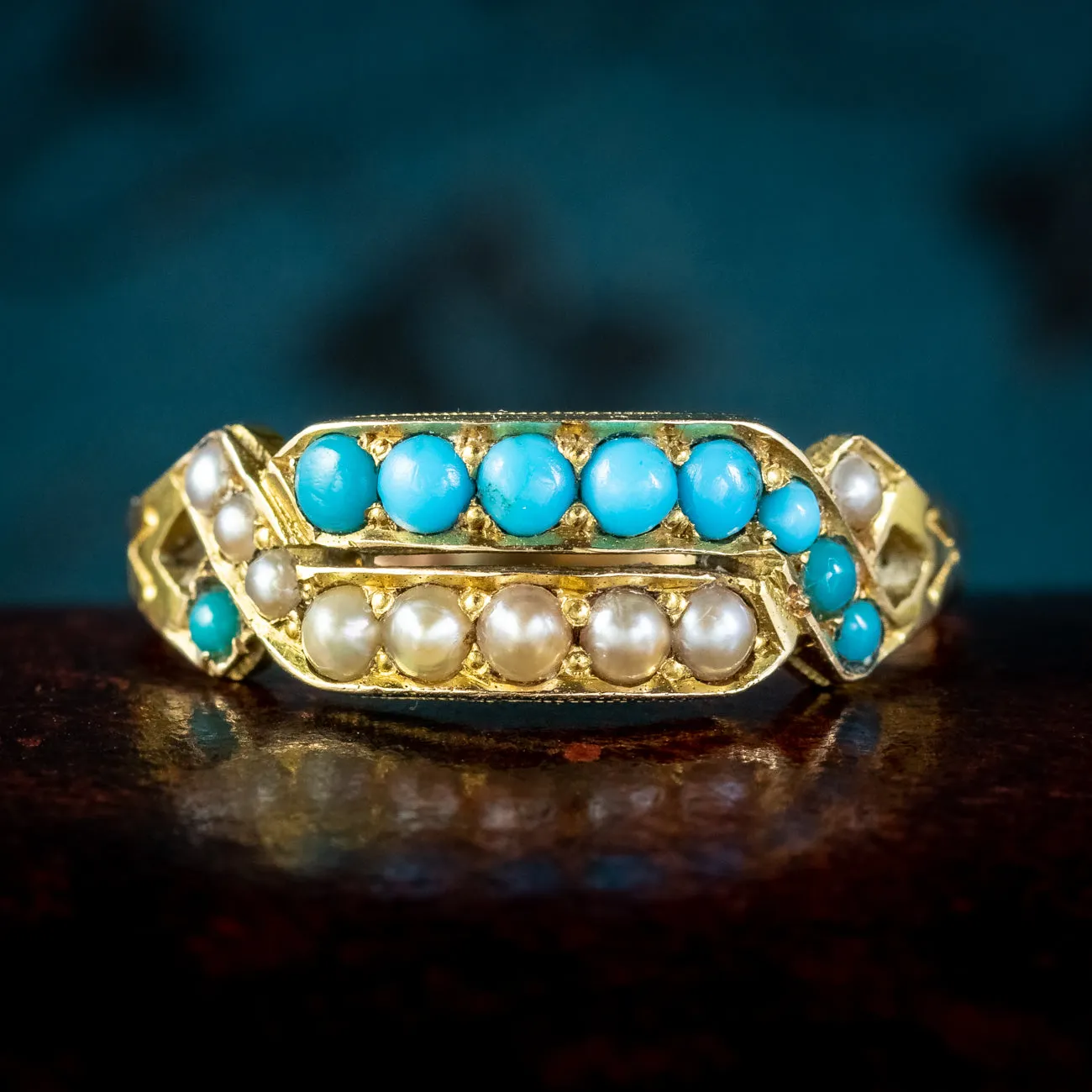 Antique Victorian Turquoise Pearl Ring 15ct Gold Dated 1873