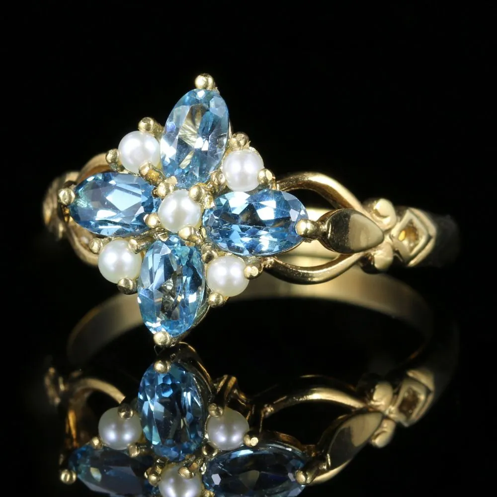 Blue Topaz And Pearl Ring 18Ct Gold On Silver