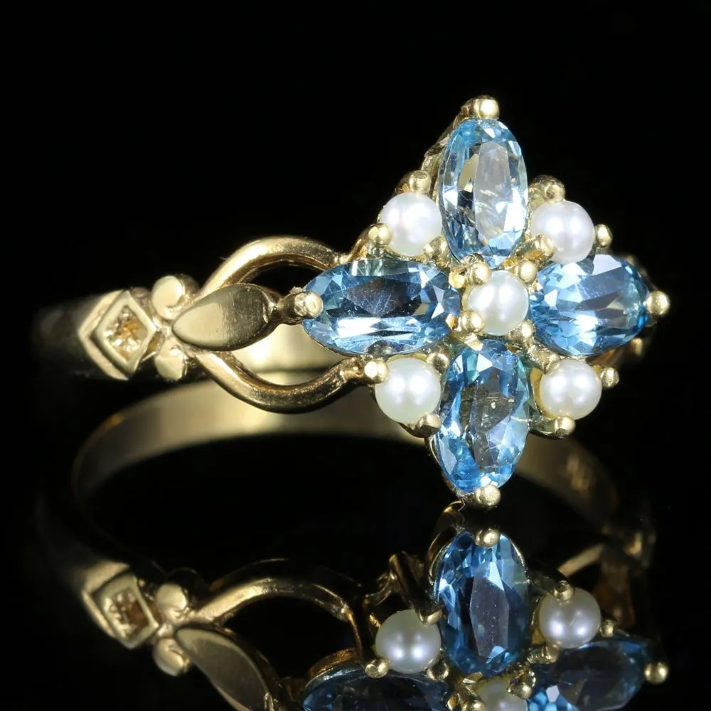 Blue Topaz And Pearl Ring 18Ct Gold On Silver