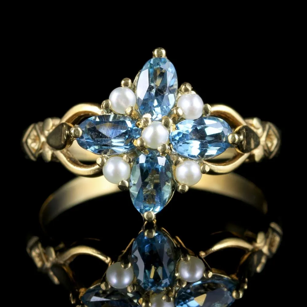 Blue Topaz And Pearl Ring 18Ct Gold On Silver