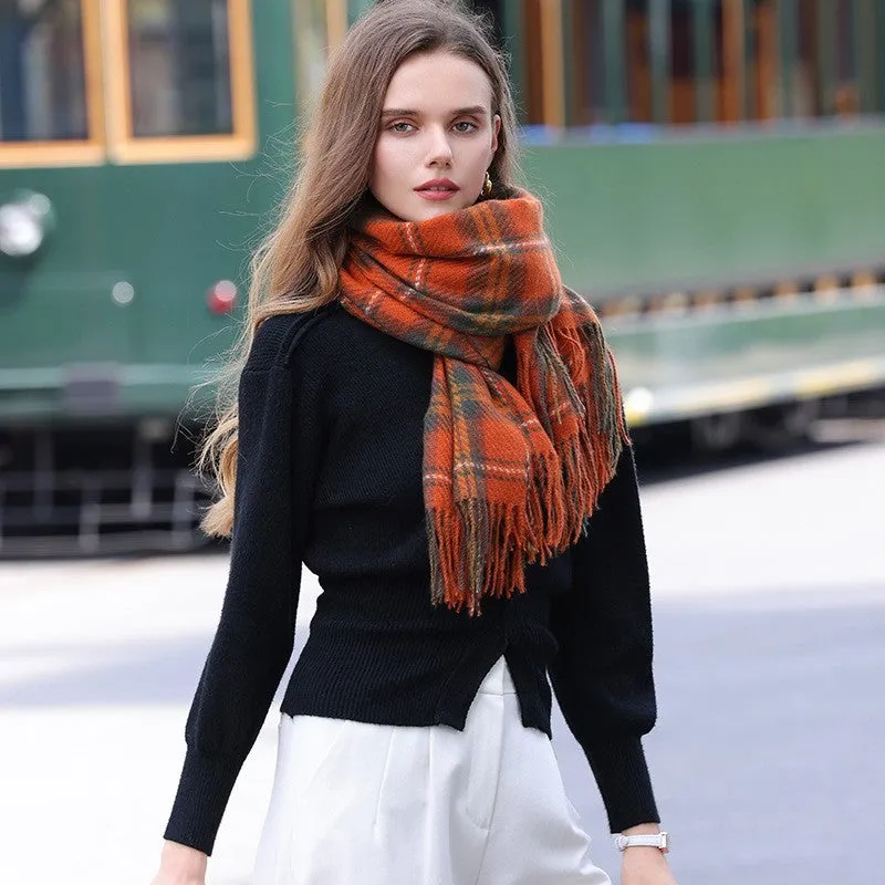 Contrast Color Plaid Tassel Winter Imitation Cashmere Scarf