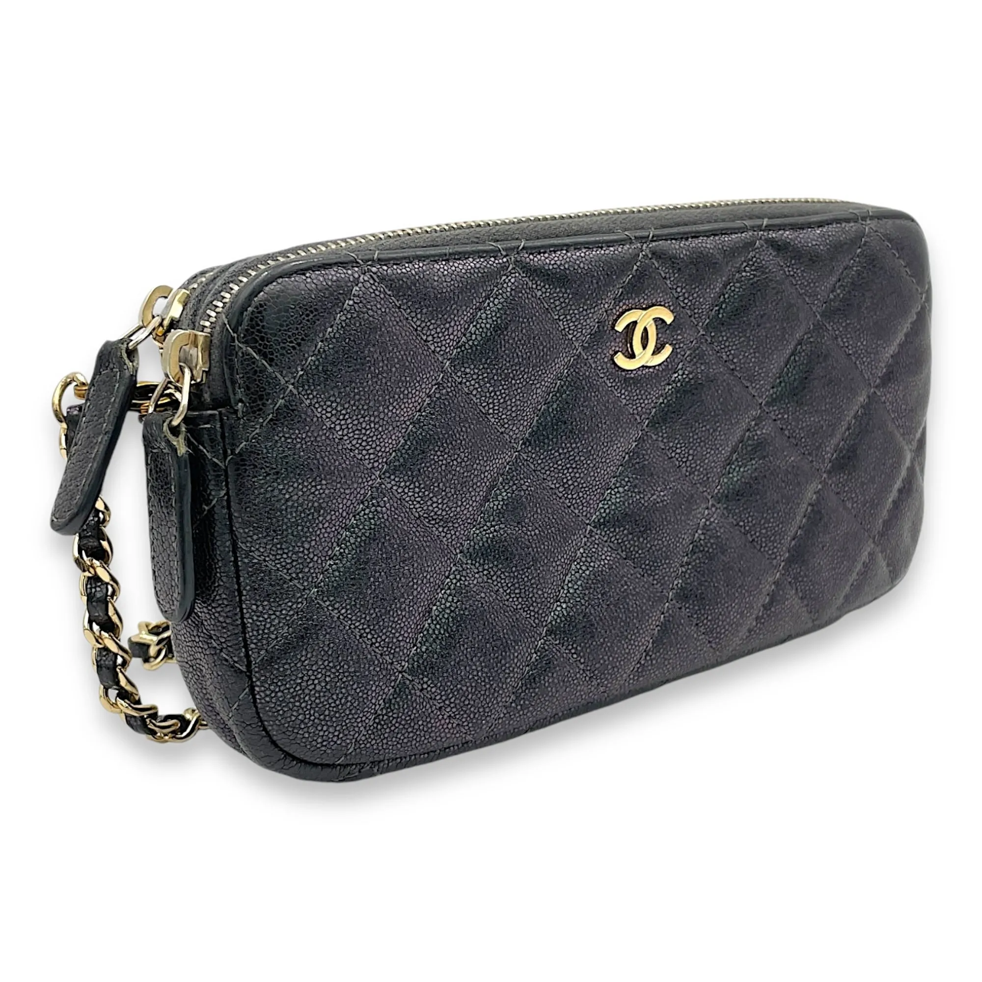 Double Zipped Clutch Iridescent  in Caviar Leather, Gold hardware