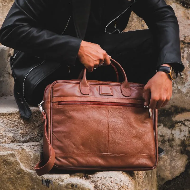 Executive Tan Leather Laptop Bag