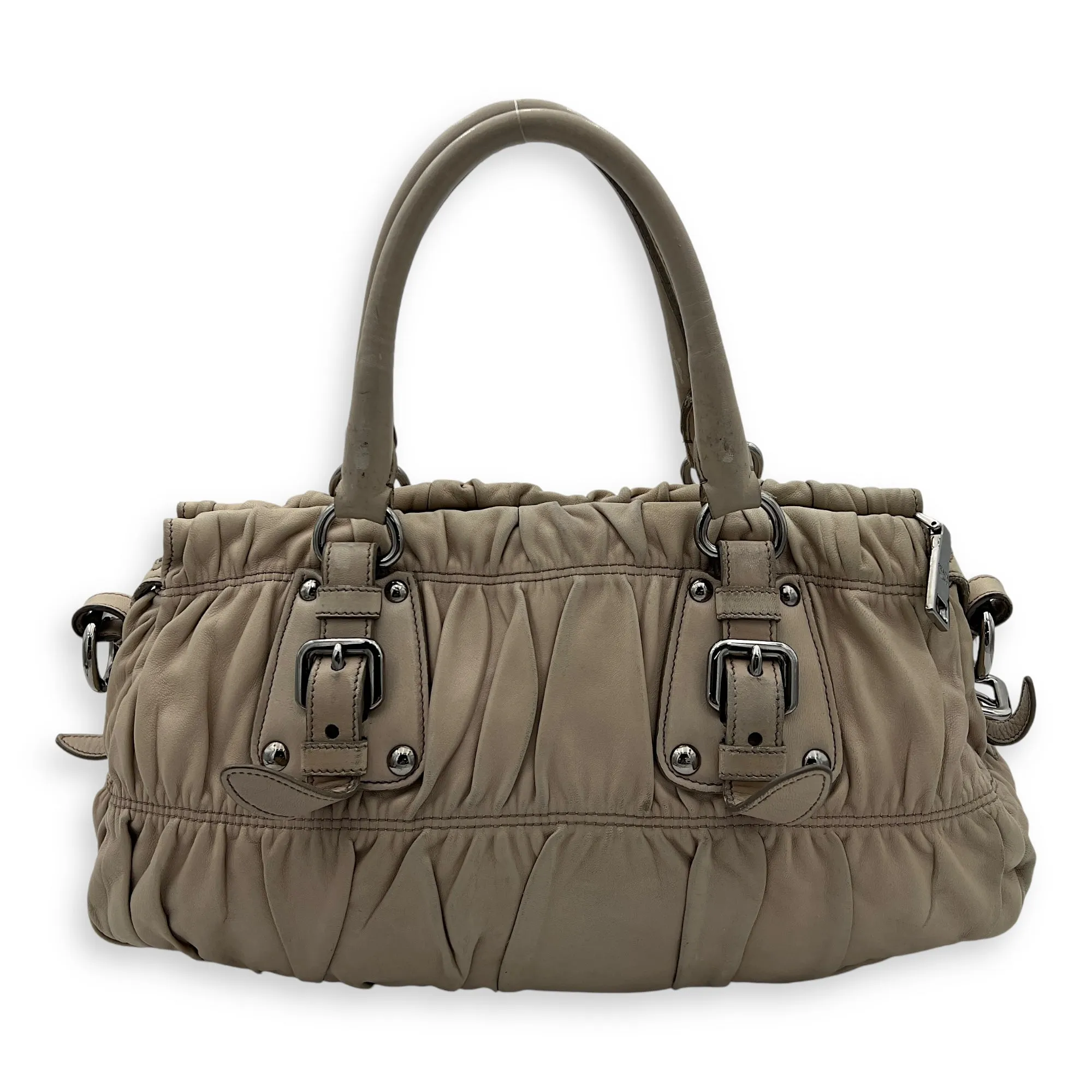 Gaufre Satchel Beige Top Handle Bag in Lambskin, Silver hardware