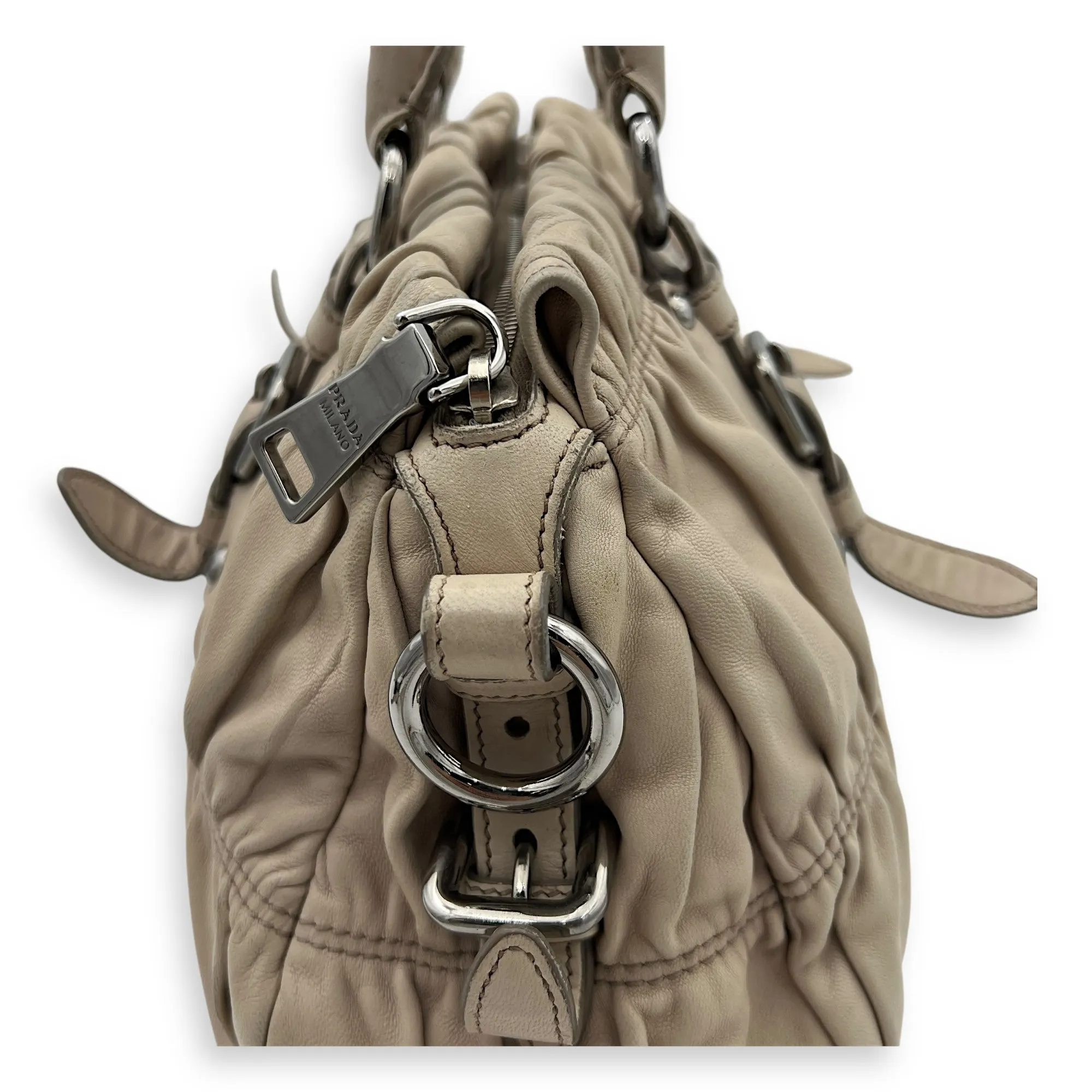 Gaufre Satchel Beige Top Handle Bag in Lambskin, Silver hardware