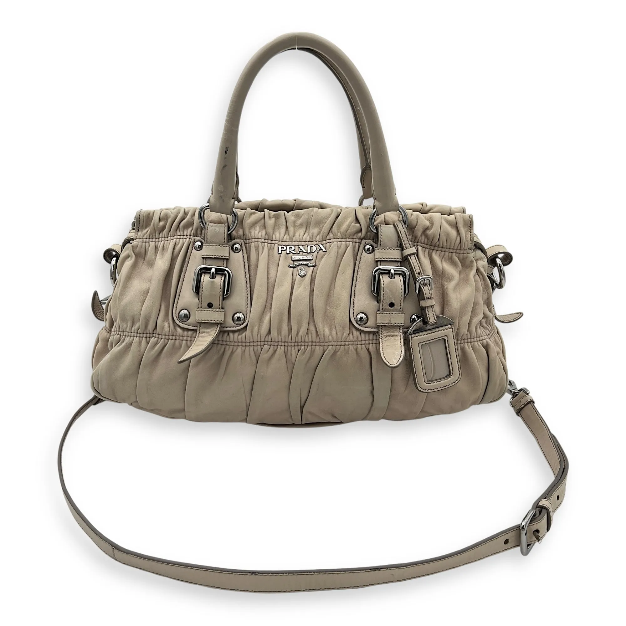 Gaufre Satchel Beige Top Handle Bag in Lambskin, Silver hardware