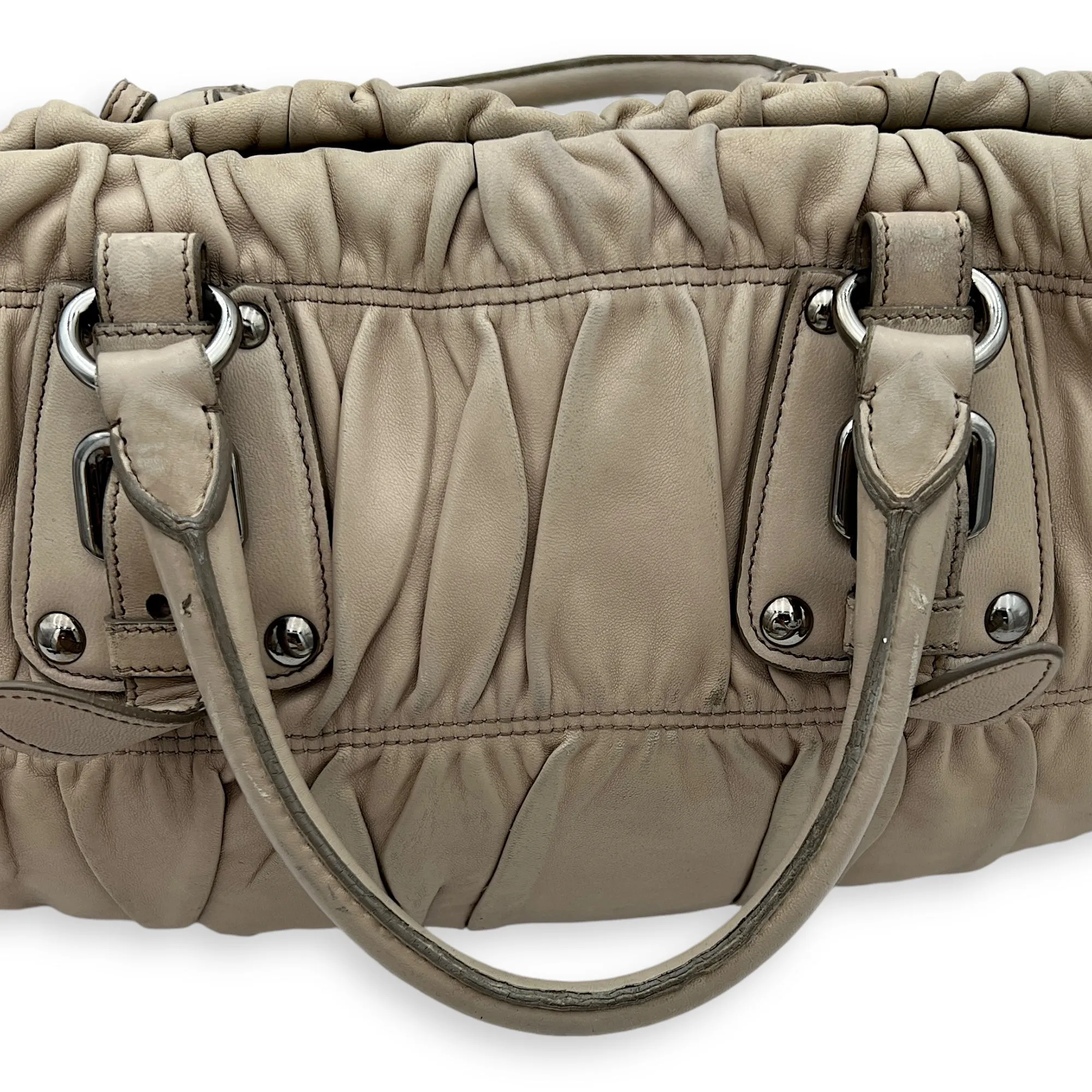 Gaufre Satchel Beige Top Handle Bag in Lambskin, Silver hardware