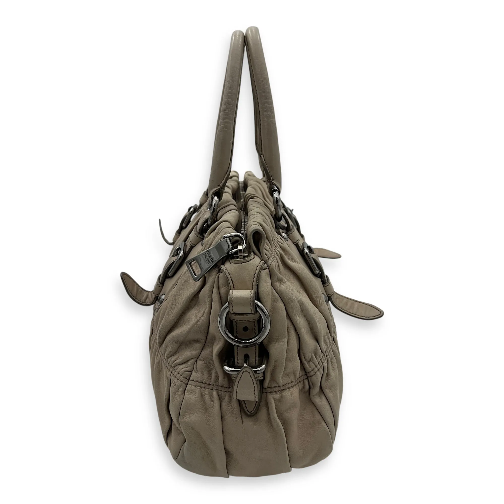 Gaufre Satchel Beige Top Handle Bag in Lambskin, Silver hardware