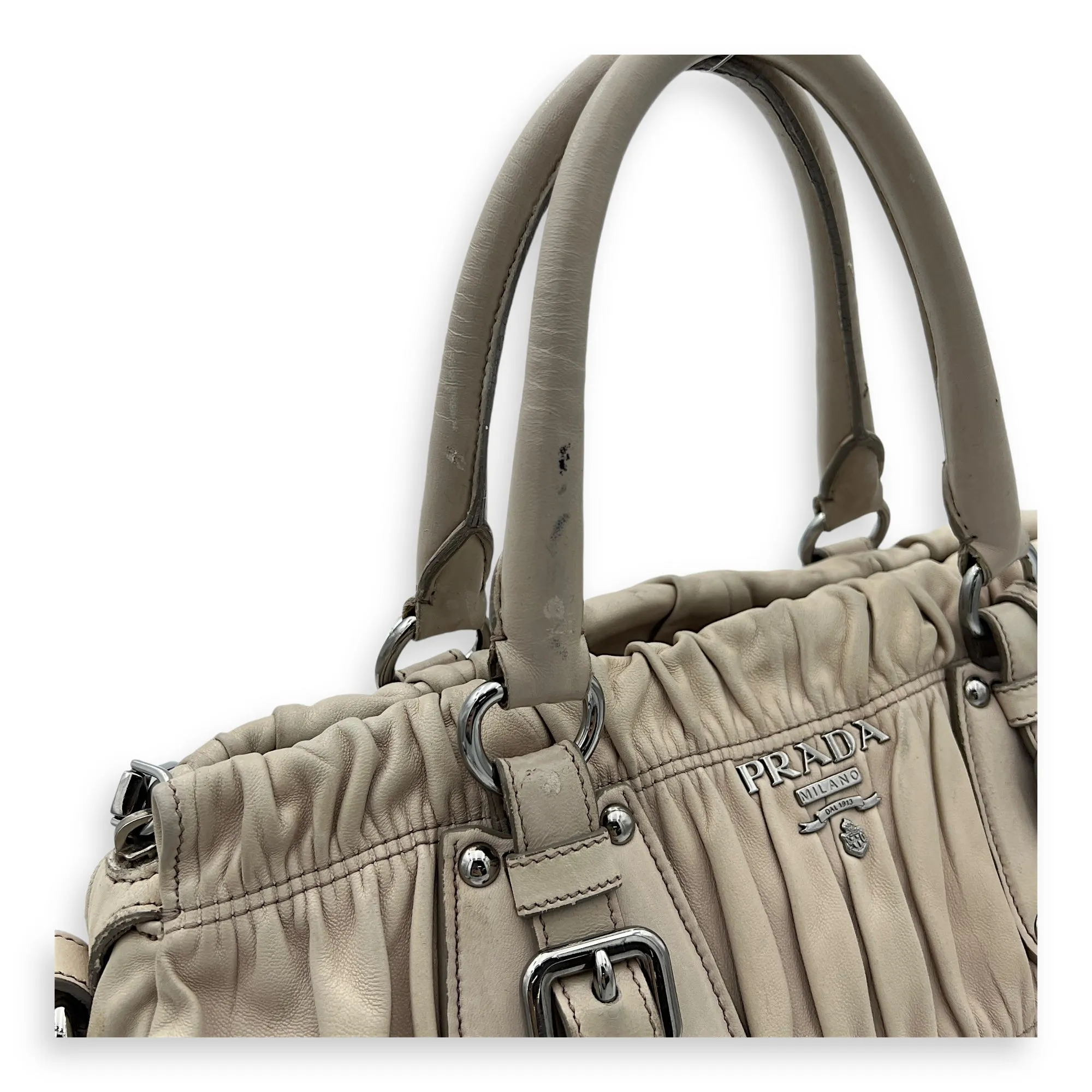 Gaufre Satchel Beige Top Handle Bag in Lambskin, Silver hardware