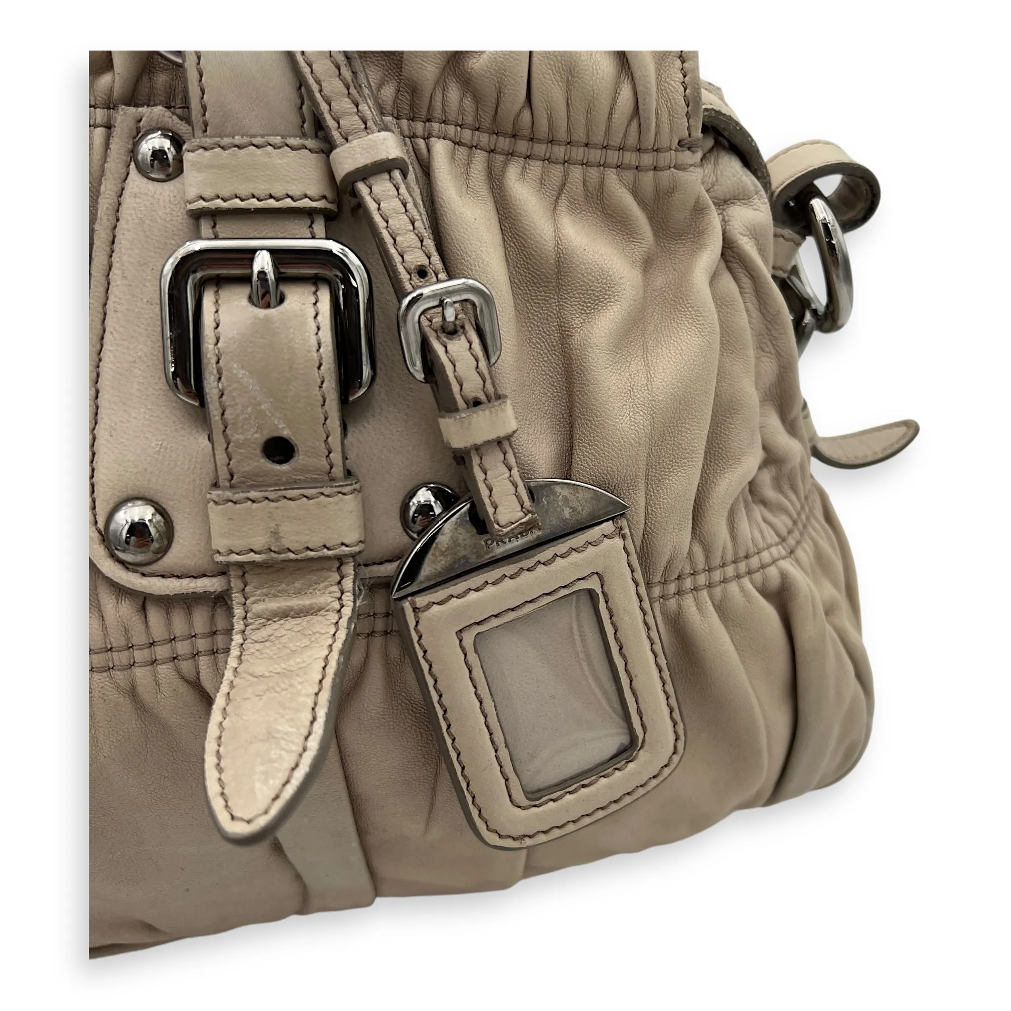 Gaufre Satchel Beige Top Handle Bag in Lambskin, Silver hardware