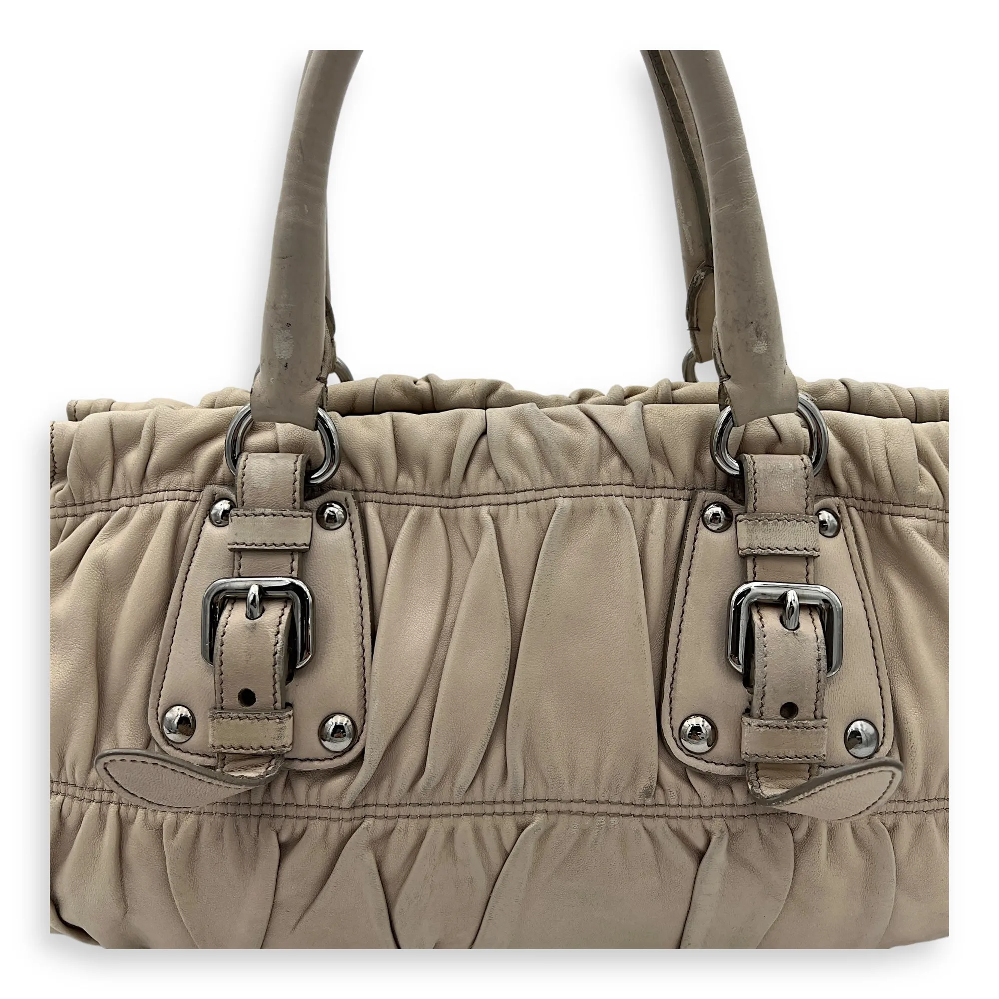 Gaufre Satchel Beige Top Handle Bag in Lambskin, Silver hardware