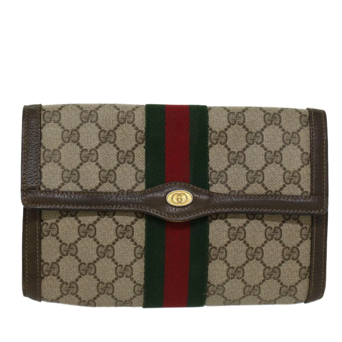 GUCCI GG Canvas Web Sherry Line Clutch Bag PVC Leather Beige Red  45601