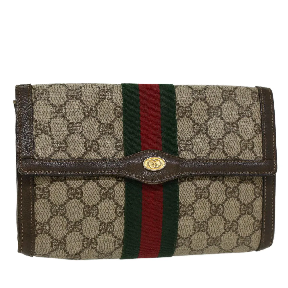 GUCCI GG Canvas Web Sherry Line Clutch Bag PVC Leather Beige Red  45601