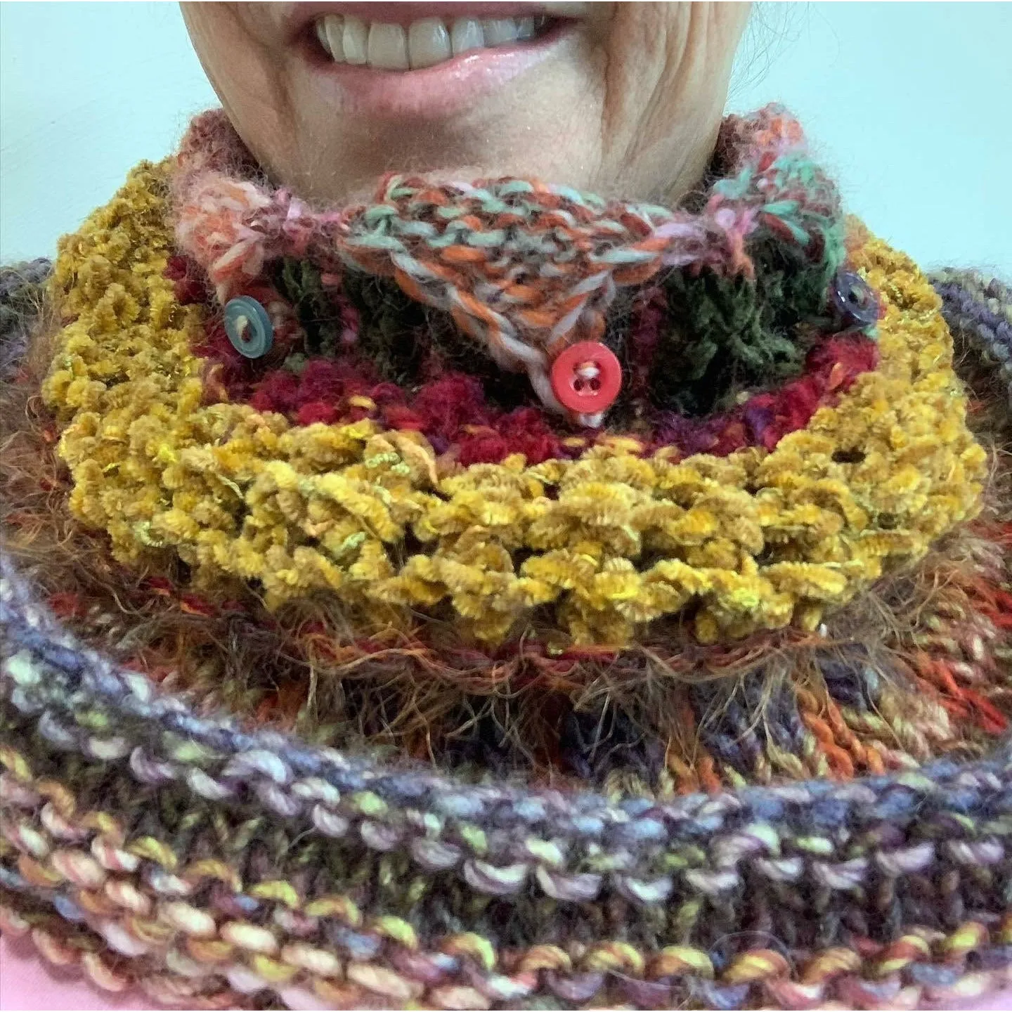 Hand knit soft infinity scarf shoulder wrap adornment with multiple stitch and color textures