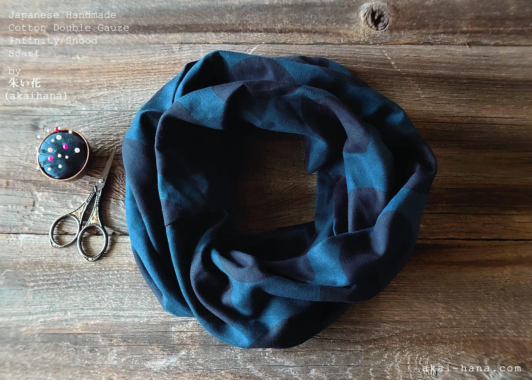 Japanese Handmade Infinity Scarf, Cotton Double Gauze, Polkadots Navy x Black