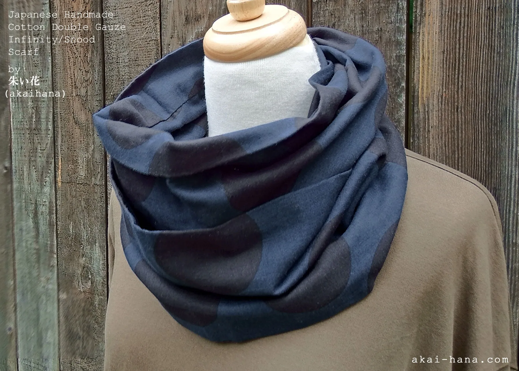 Japanese Handmade Infinity Scarf, Cotton Double Gauze, Polkadots Navy x Black