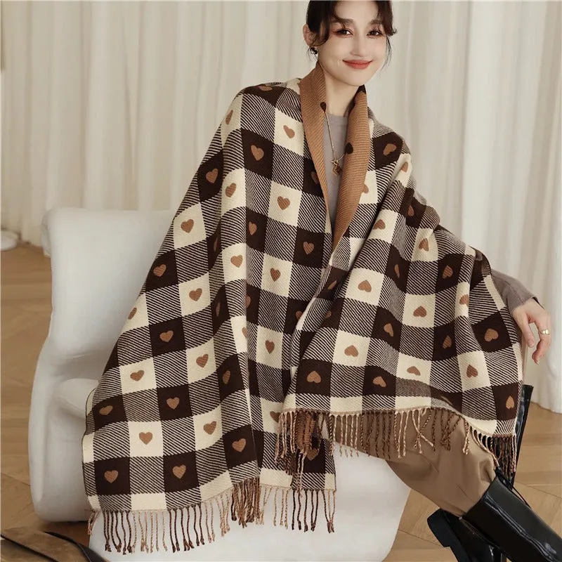 Knitted Plaid Love Heart Pattern Fringed Winter Scarves