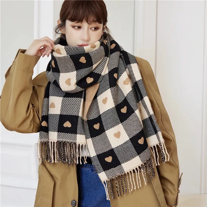 Knitted Plaid Love Heart Pattern Fringed Winter Scarves