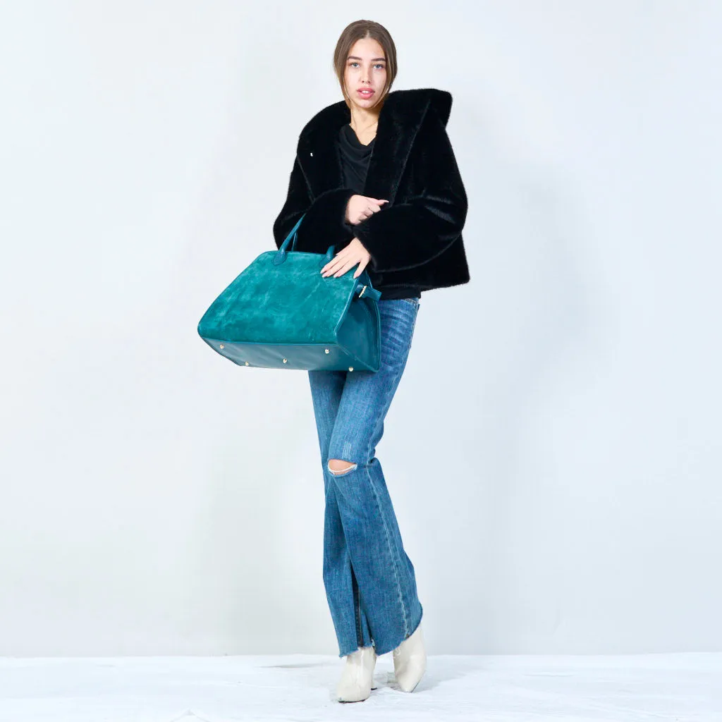 Large structured suede and leather handbag wholesale