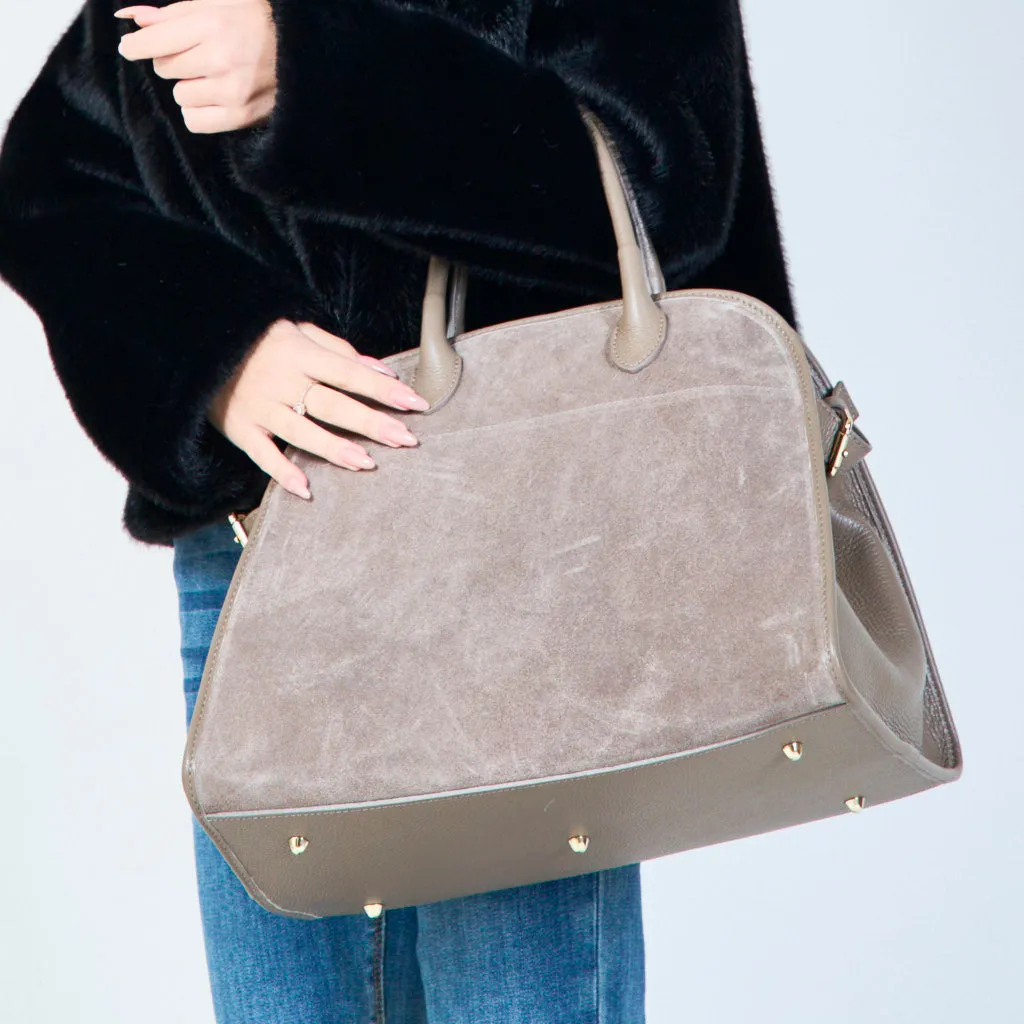 Large structured suede and leather handbag wholesale