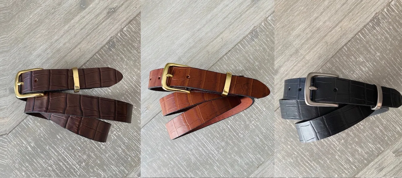 Leather Belt Full Grain - Individually Handmade with Crocodile embossed pattern & removable buckle 1.5"/38mm