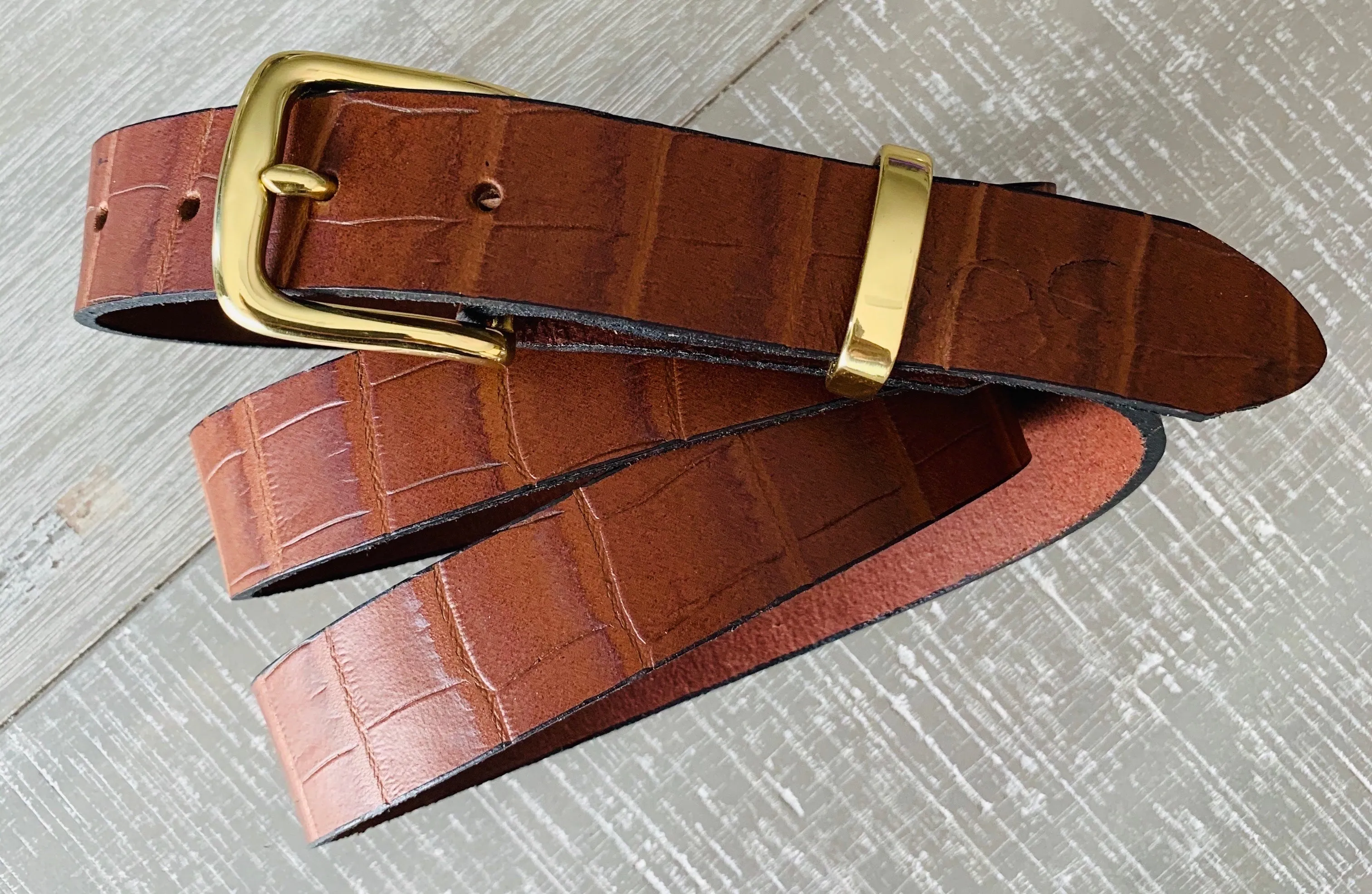 Leather Belt Full Grain - Individually Handmade with Crocodile embossed pattern & removable buckle 1.5"/38mm