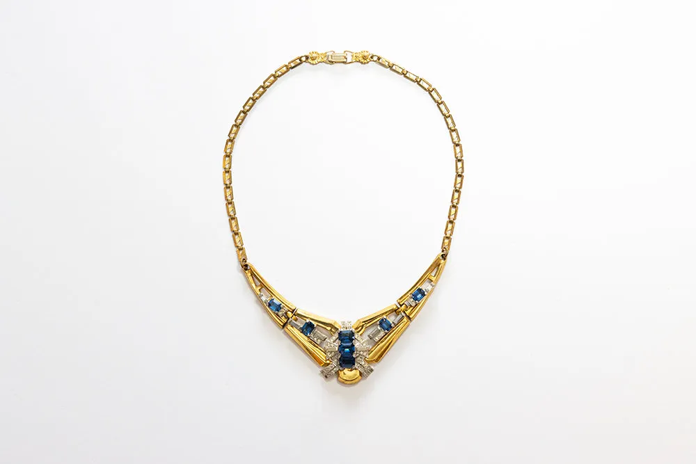 McCLELLAND BARCLAY Art Deco Gold Plated with Blue Stones Necklace