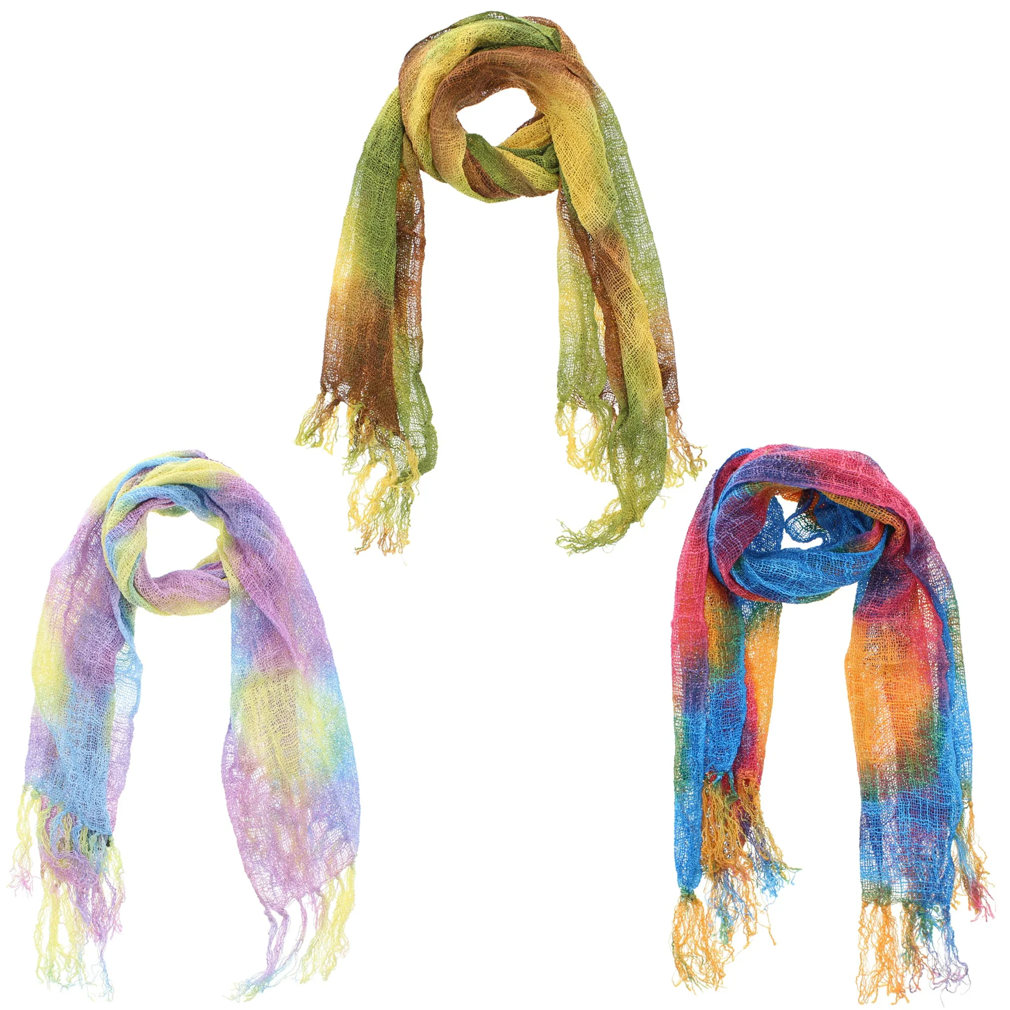 Multicolour Cotton Long Lightweight Scarf with Tassels