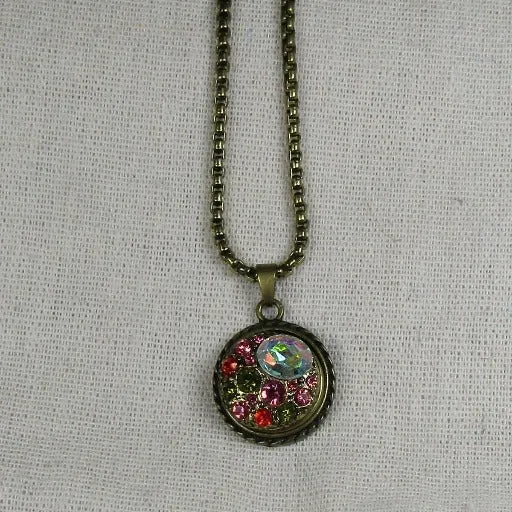 Pink, Green  Multi-stoned Crystal & Antique Brass Pendant Necklace